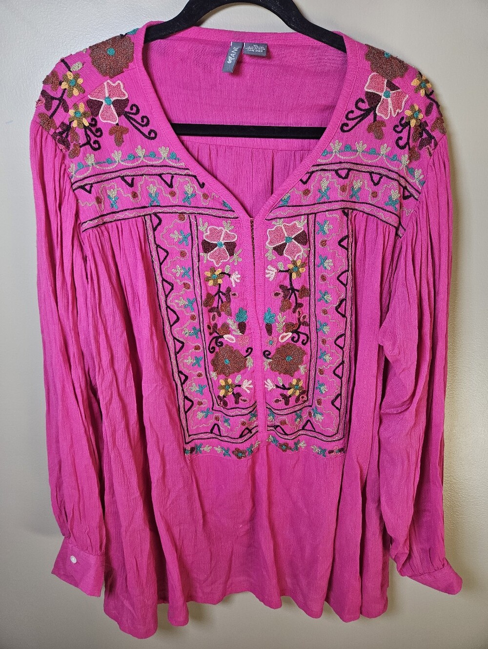 Anu Pink Floral Embroidered Gauzy Flowy Boho Tunic Blouse Oversized XLarge